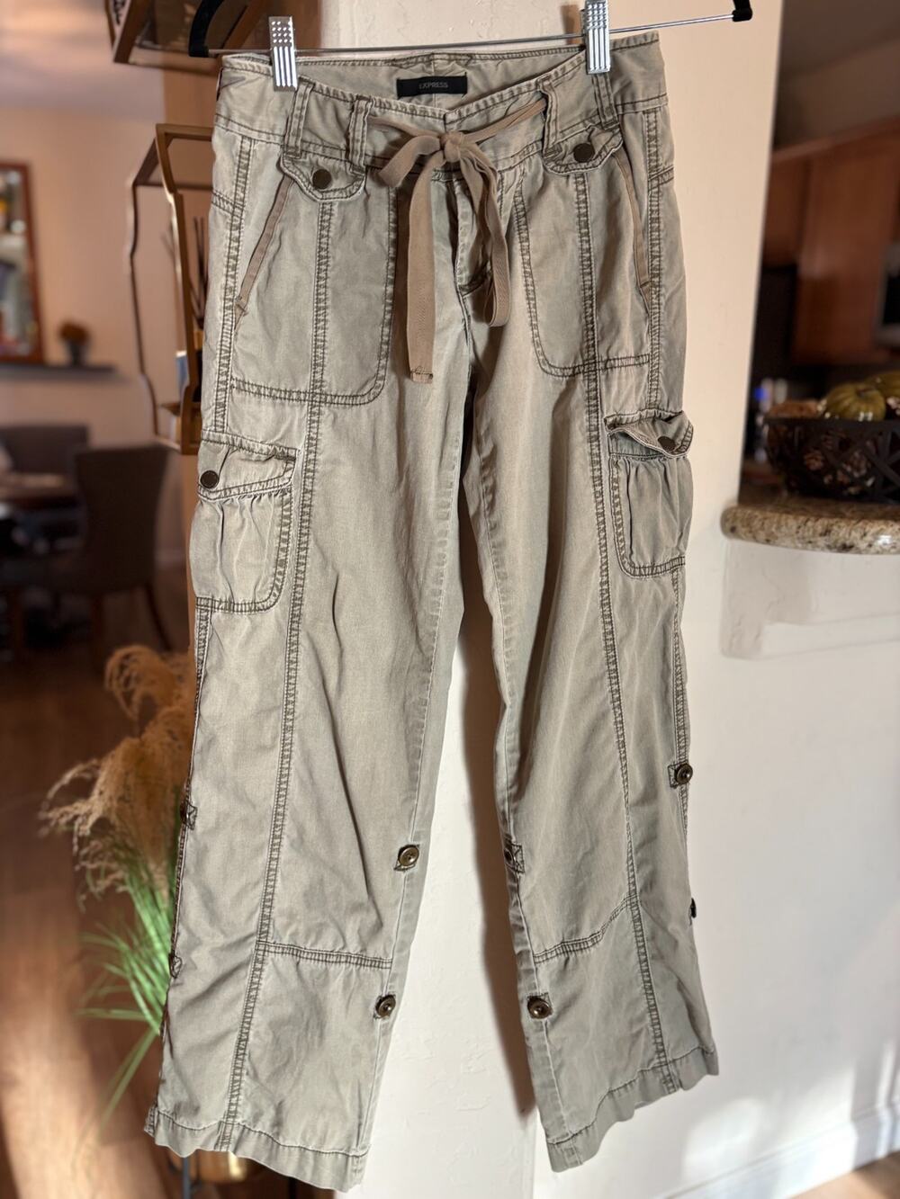 Light Khaki Utility Cargo Pants with Drawstring Waist